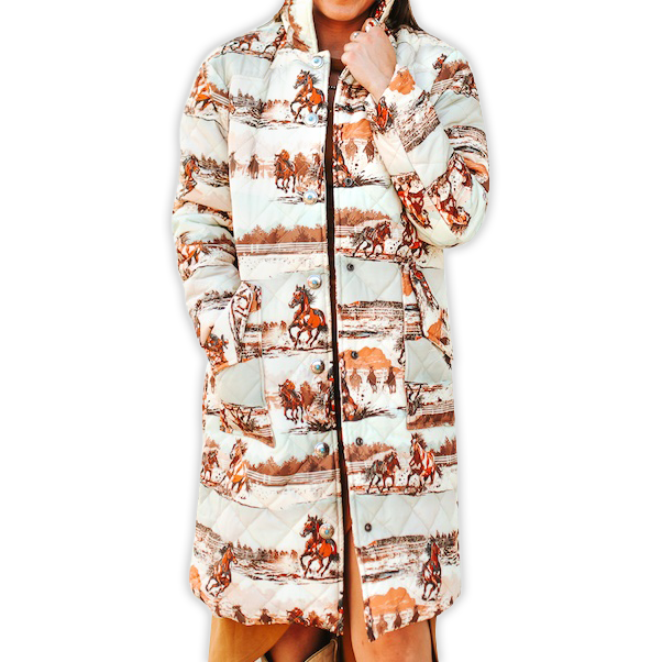 Women's Horse Printed Long Quilted Coat